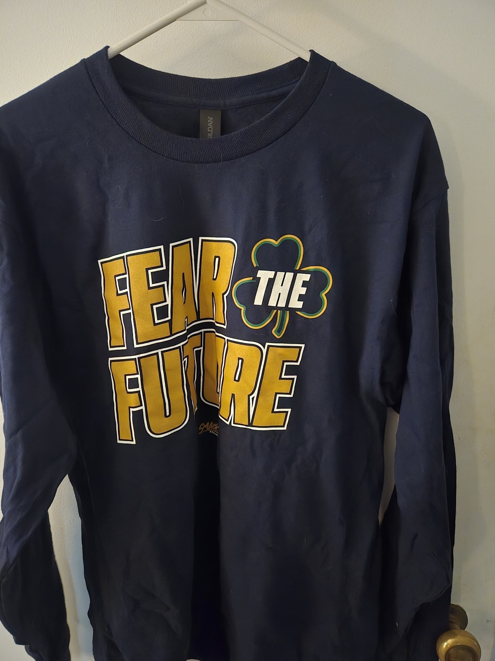 Mens Notre Dame Navy Long-Sleeve Tee with Yellow 'Fear the Future' Graphic